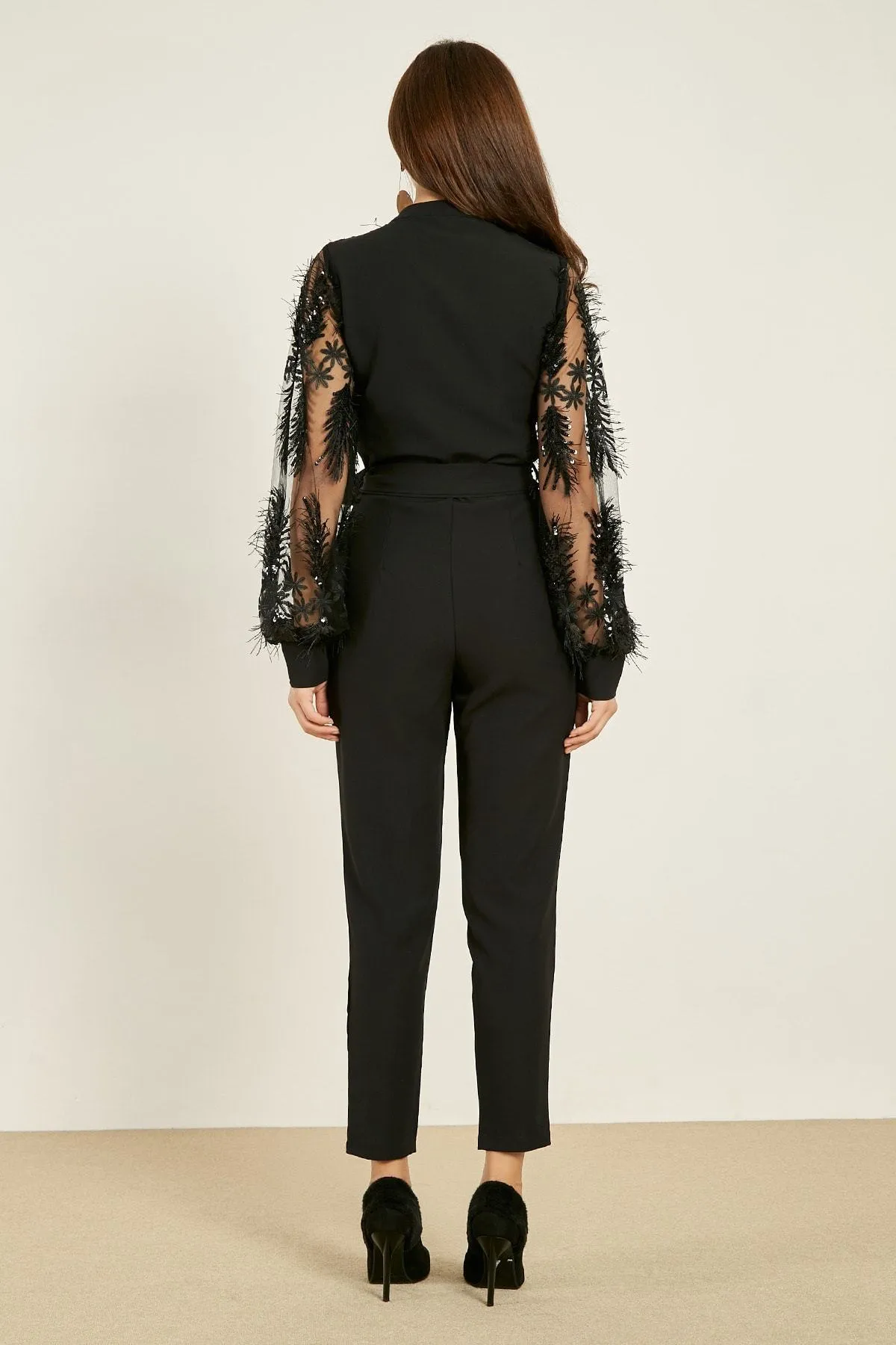 16105 Black Tulle Applique Sleeve Jumpsuit