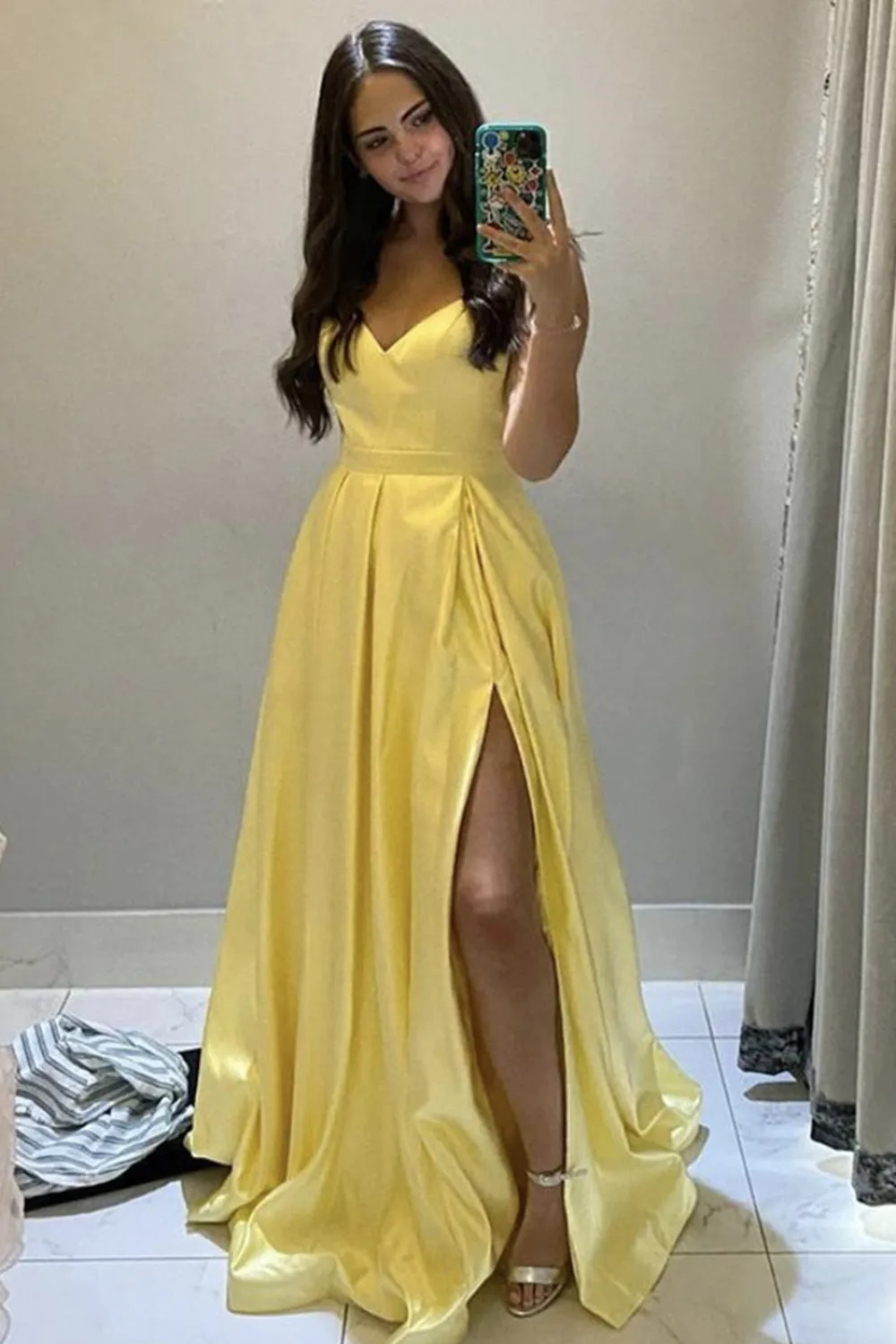 A Line V Neck Yellow Satin Long Prom Dress with Slit, V Neck Yellow Formal Graduation Evening Dress A1277