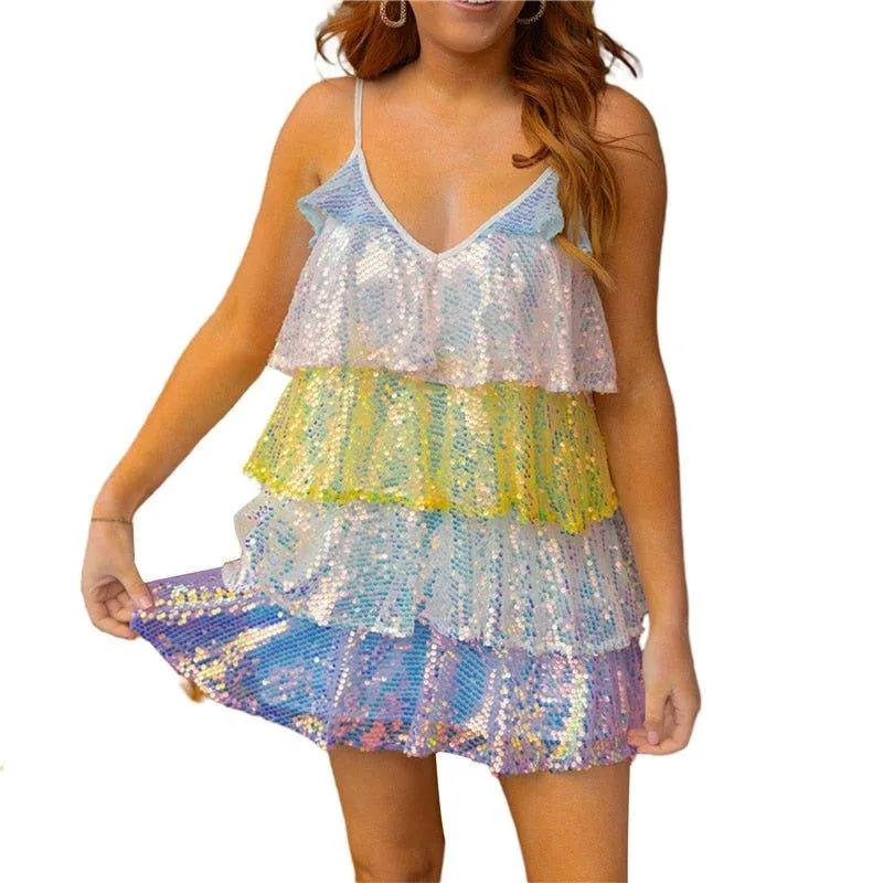 Birthday Queens Sequins Ruffle Mini Tiered Dress
