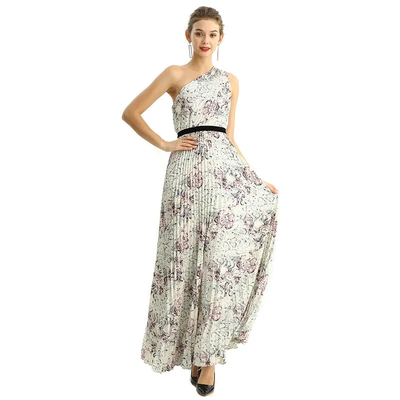 D202 Women print CDC single shoulder sunburst pleated maxi evening dress