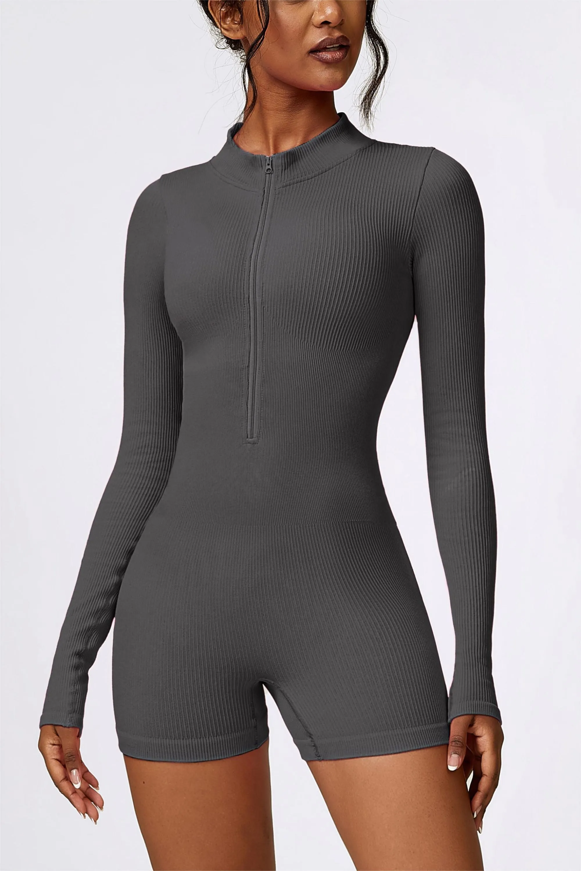 ZipFlex Ribbed Long-Sleeve Workout Romper